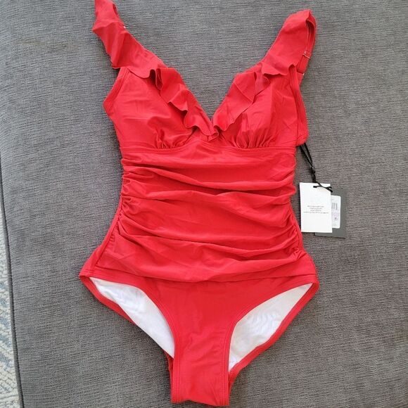 DKNY Women's Red Ruffle Plunge Underwire Tummy Control One-Piece Swimsuit sz 6 - Picture 7 of 12